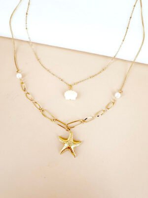Collier breloque étoile de mer et coquillage en acier inoxydable