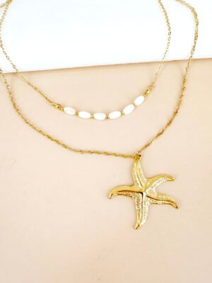 Collier breloque étoile de mer et perles en acier inoxydable