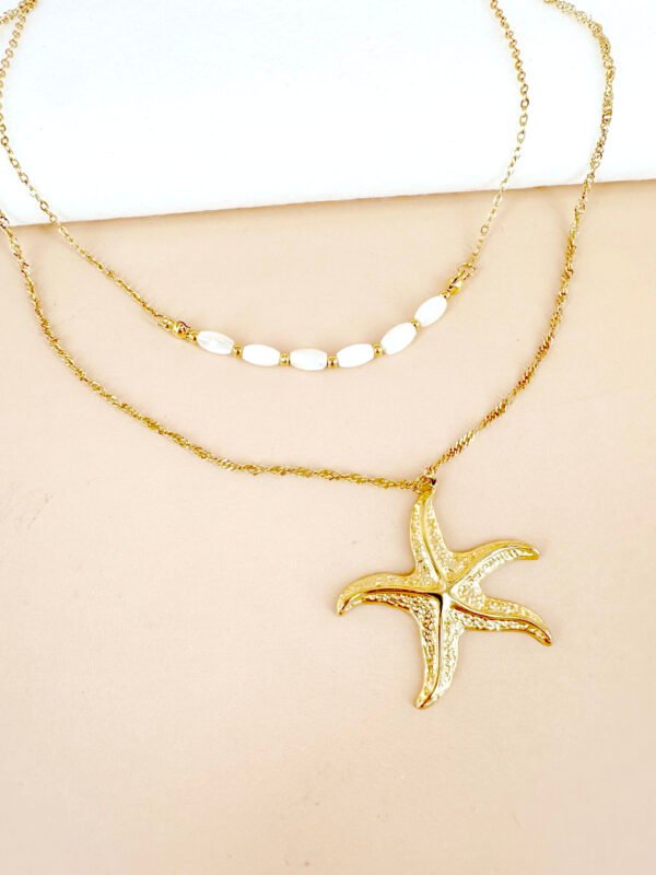 Collier breloque étoile de mer et perles en acier inoxydable