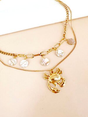 Collier charm breloque crabe et nacre en acier inoxydable