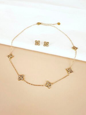 Parure avec motif trèfles strass en acier inoxydable