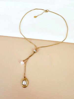 Collier Y strass et perles en acier inoxydable