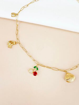 Collier chaine avec charms cerise en acier inoxydable