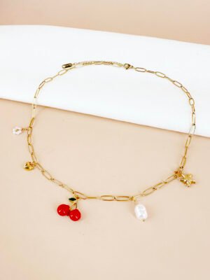Collier chaine avec charms cerise en acier inoxydable