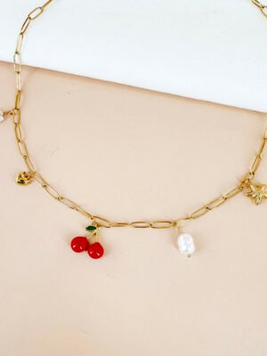 Collier chaine avec charms cerise en acier inoxydable