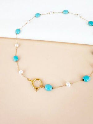 Collier turquoises et perles avec fermoir pour charms
