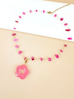 Collier chaine nacre avec breloque charms fleur resine en acier inoxydable