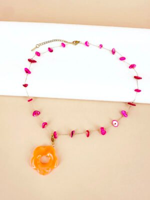 Collier chaine nacre avec breloque charms fleur resine en acier inoxydable