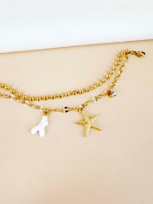 Bracelet breloque étoile de mer et corail blanc en acier inoxydable
