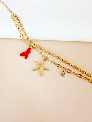 Bracelet breloque étoile de mer et corail rouge en acier inoxydable