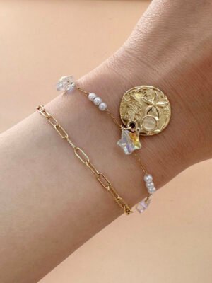 Bracelet médaillon « Mer » avec perles étoiles en acier inoxydable