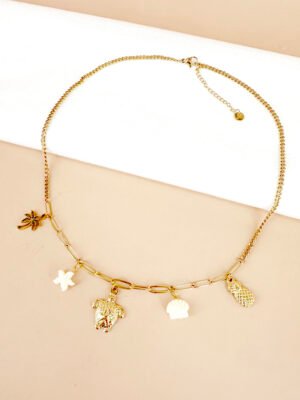Collier charm breloque tortue et coquillages en acier inoxydable