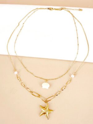 Collier breloque étoile de mer et coquillage en acier inoxydable