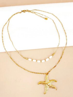 Collier breloque étoile de mer et perles en acier inoxydable