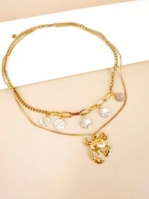 Collier charm breloque crabe et nacre en acier inoxydable