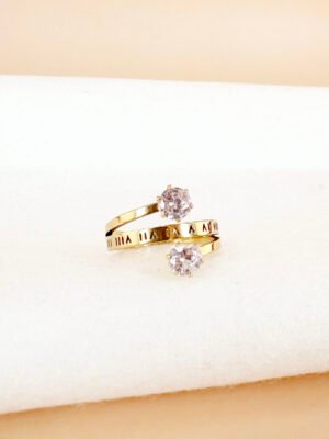 Bague double strass avec écriture en acier inoxydable
