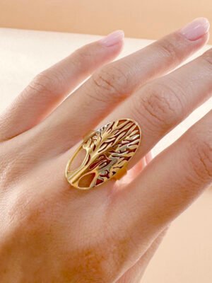 Grande bague avec motif arbre en acier inoxydable