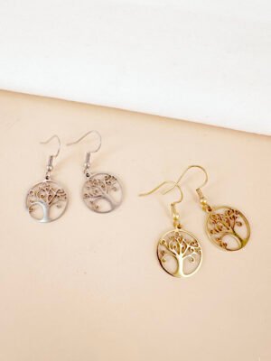 Boucles d’oreilles pendantes arbre de vie en acier inoxydable