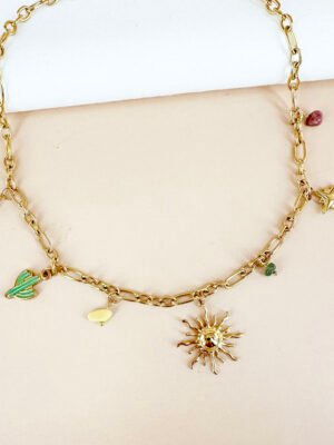 Collier chaîne avec charms breloques soleil en acier inoxydable