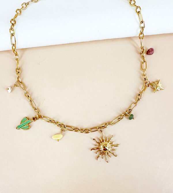 Collier chaîne avec charms breloques soleil en acier inoxydable