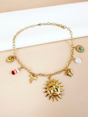 Collier charms breloques soleil en acier inoxydable