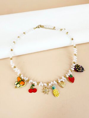 Collier perles et breloques charms fruits émail en acier inoxydable