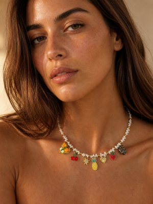 Collier perles et breloques charms fruits émail en acier inoxydable