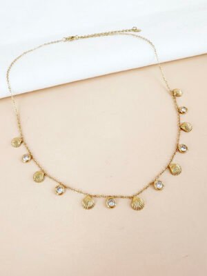 Collier coquillages et strass en acier inoxydable