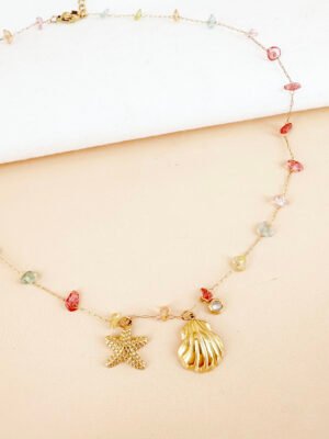 Collier pierres et coquillages en acier inoxydable