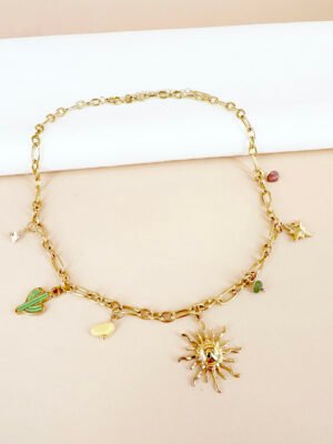 Collier chaîne avec charms breloques soleil en acier inoxydable