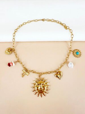 Collier charms breloques soleil en acier inoxydable
