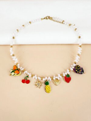 Collier perles et breloques charms fruits émail en acier inoxydable