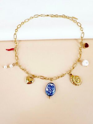Collier breloques émail fleur en acier inoxydable