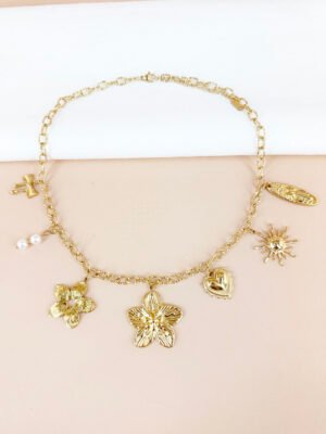 Collier breloques charms doré en acier inoxydable