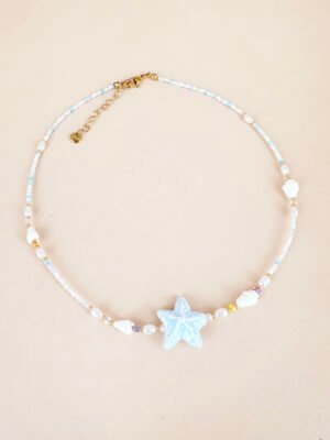 Collier perles et coquillages fait main en acier inoxydable