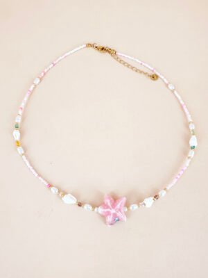 Collier perles et coquillages fait main en acier inoxydable