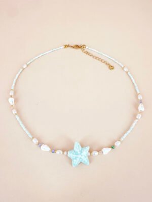 Collier perles et coquillages fait main en acier inoxydable