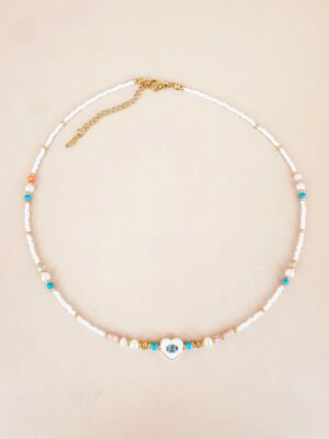 Collier  coeur oeil bleu et perles fait main en acier inoxydable