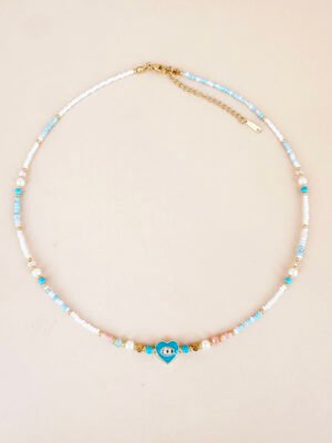 Collier  coeur oeil bleu et perles fait main en acier inoxydable