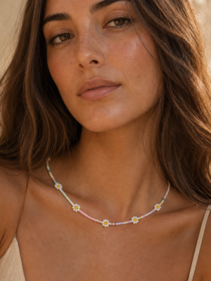Collier perles fleurs fait main en acier inoxydable