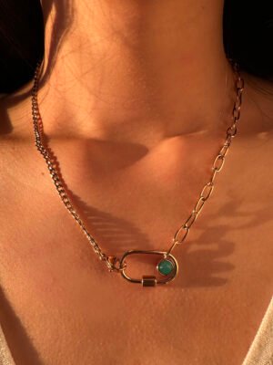 Collier pendentif fermoir pierre bleu en acier inoxydable