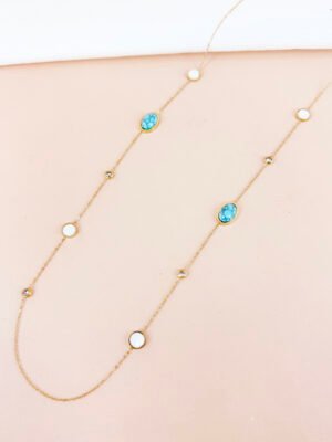 Sautoir perle turquoise et strass en acier inoxydable