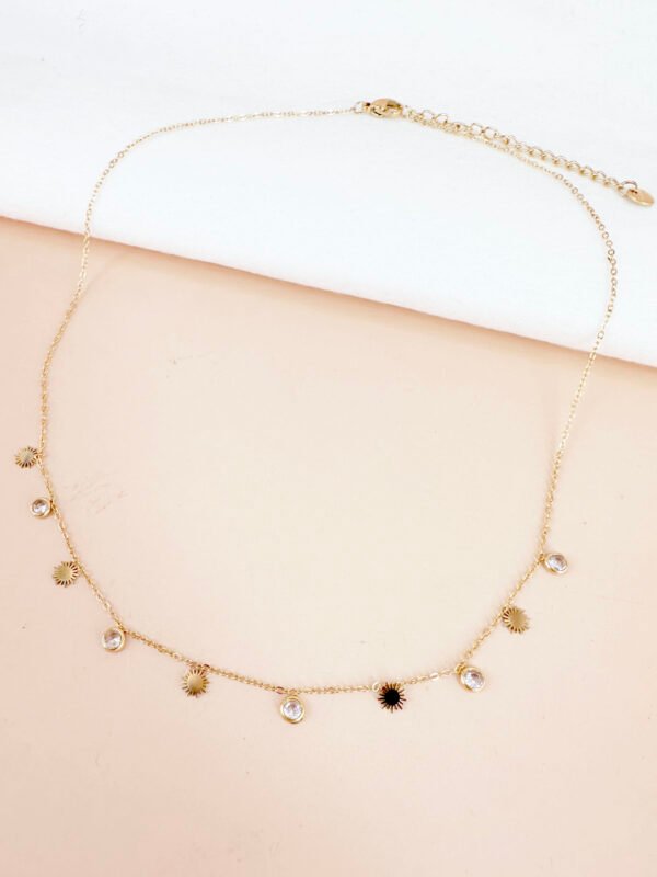 Collier pampilles soleil et strass en acier inoxydable