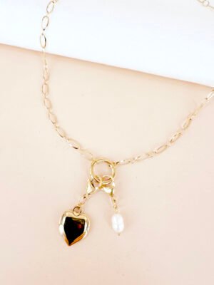 Collier fermoir et breloque coeur et perle en acier inoxydable