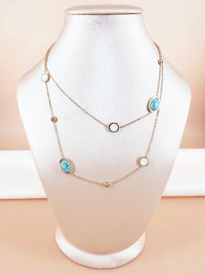 Sautoir perle turquoise et strass en acier inoxydable