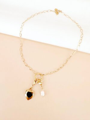 Collier fermoir et breloque coeur et perle en acier inoxydable