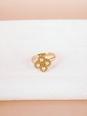 Bague fleurs et perles en acier inoxydable