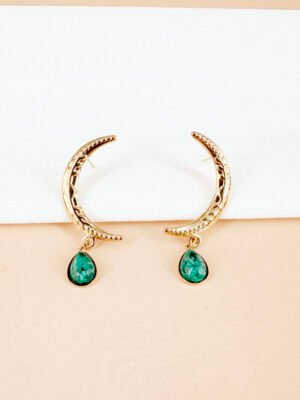 Boucles d’oreilles lune avec pierre verte en acier inoxydable