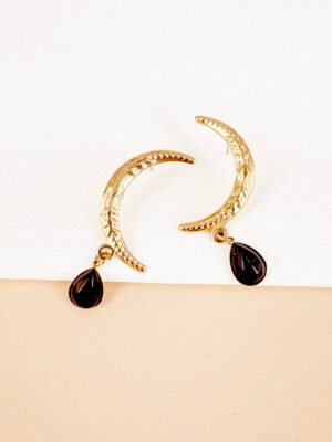 Boucles d’oreilles lune avec pierre noire en acier inoxydable