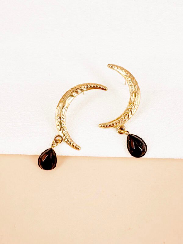 Boucles d'oreilles lune avec pierre noire en acier inoxydable
